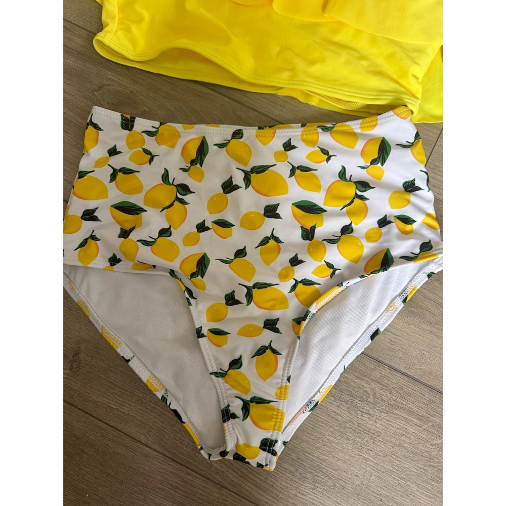 XS Yellow Ruffle Off Shoulder Bikini Lemon Print High Waisted Swimsuit Set Women - Picture 2 of 5